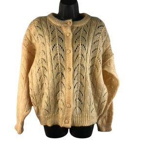 Vintage Cape Isle Knitters Lg Mohair Blend Pointelle Cardigan Yellow Open Knit